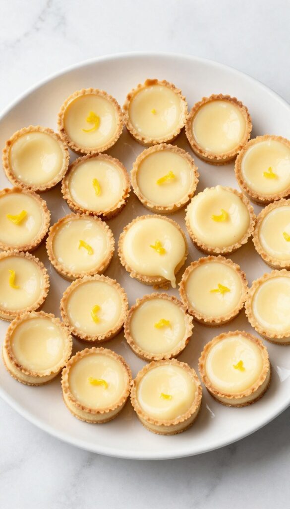 Mini lemon cheesecake bites on a white plate with lemon zest garnish