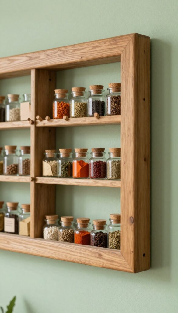 DIY spice rack made from a picture frame with dowels holding spice packets and jars