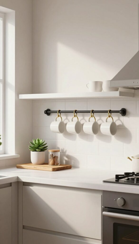 Floating shelf with hanging rail and mugs in a bright kitchen