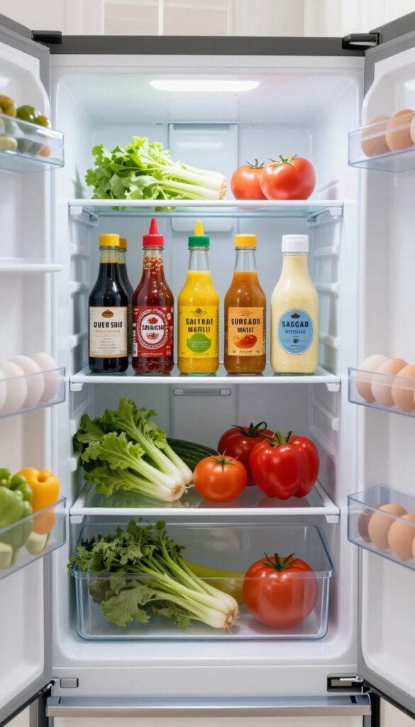 Open refrigerator with a clear lazy Susan holding condiment bottles on a shelf, bright natural light, organized food storage.