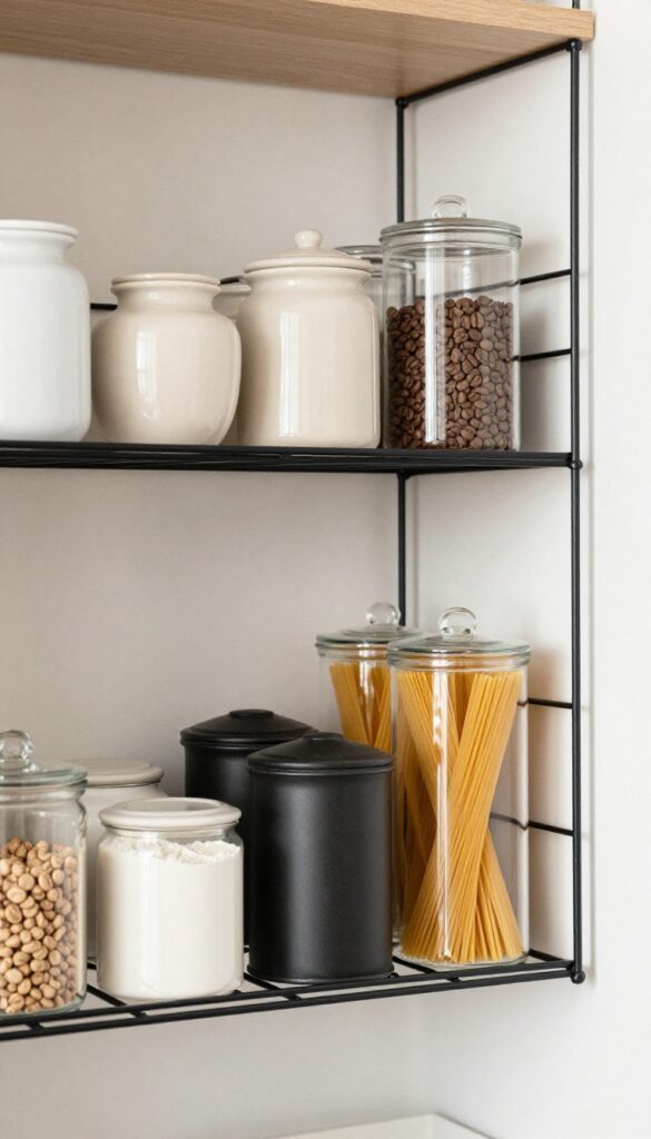Open canisters on a wire pantry shelf with coffee beans, flour, and pasta, modern and clean design.