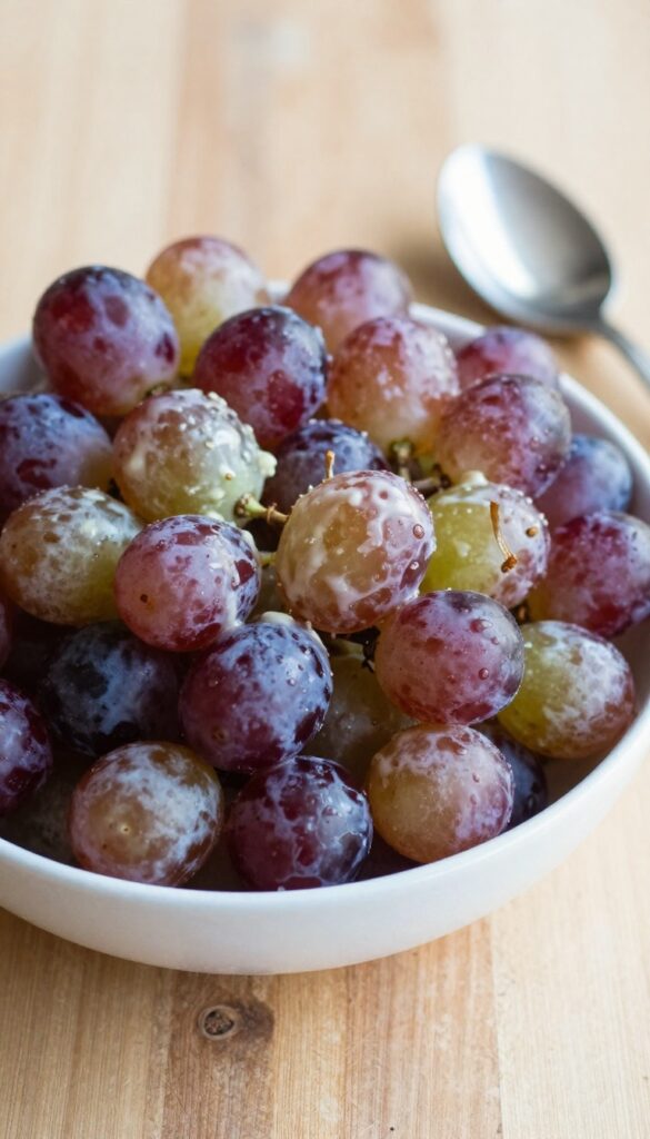 Grape salad on a wooden table with a spoon