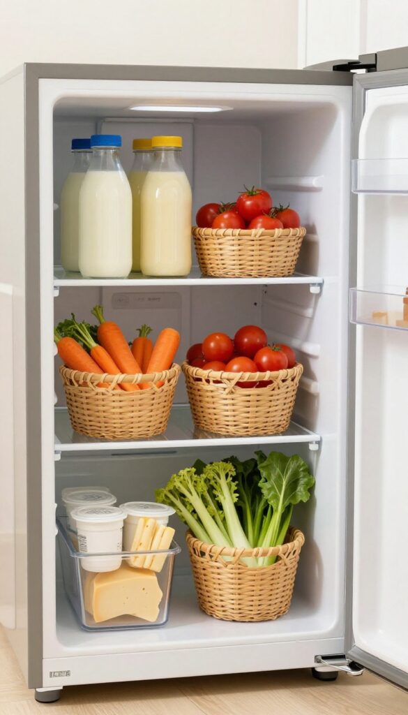 Small fridge interior with woven baskets and clear bins organizing snacks and lunch prep items