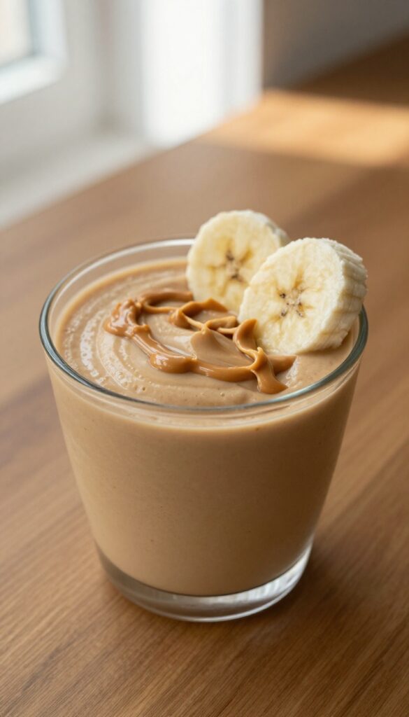 Creamy peanut butter banana Greek yogurt smoothie in a glass with peanut butter drizzle and banana slices on a wooden table