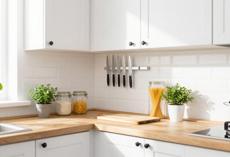 Small kitchen with magnetic knife strip, clear storage jars, and herbs on counter
