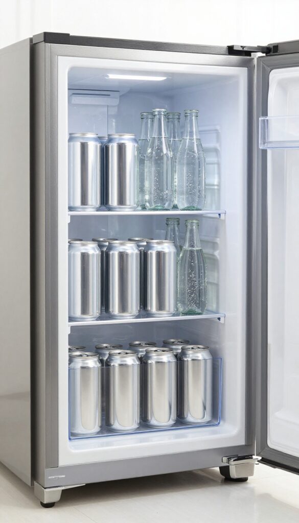 Open refrigerator with clear acrylic tiered can dispenser holding silver cans and bottles neatly arranged.