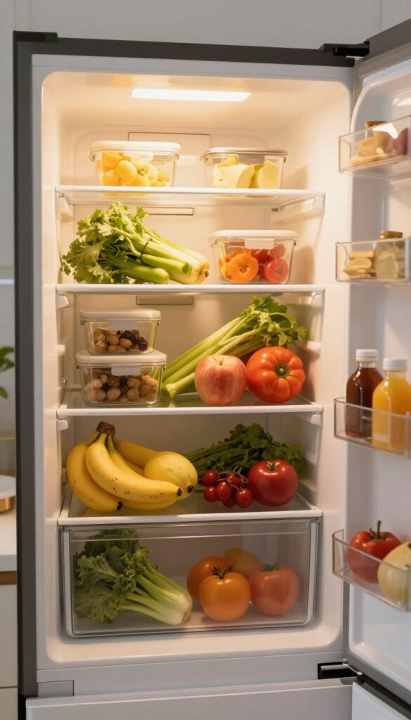 Side-by-side fridge interior with soft warm LED lighting making ingredients look fresh and inviting