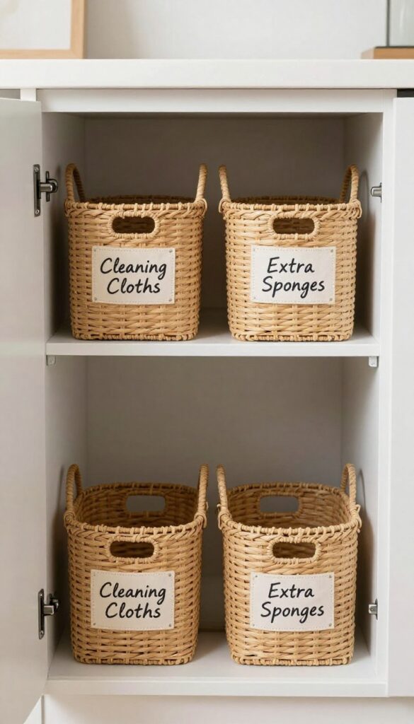 Under-sink cabinet with labeled woven baskets for organized cleaning supplies