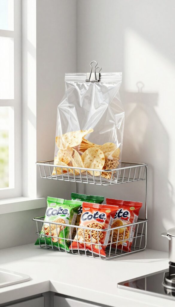 Open bag of chips sealed with a binder clip and clipped to a shelf in a bright pantry.