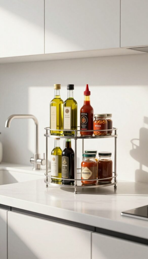 Two-tier spinning carousel on a kitchen counter with condiment bottles arranged neatly, bathed in natural light.