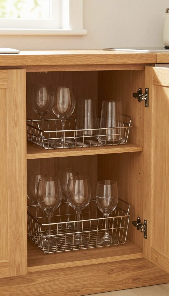 Under-shelf wire baskets holding wine glasses and tumblers in a kitchen cabinet