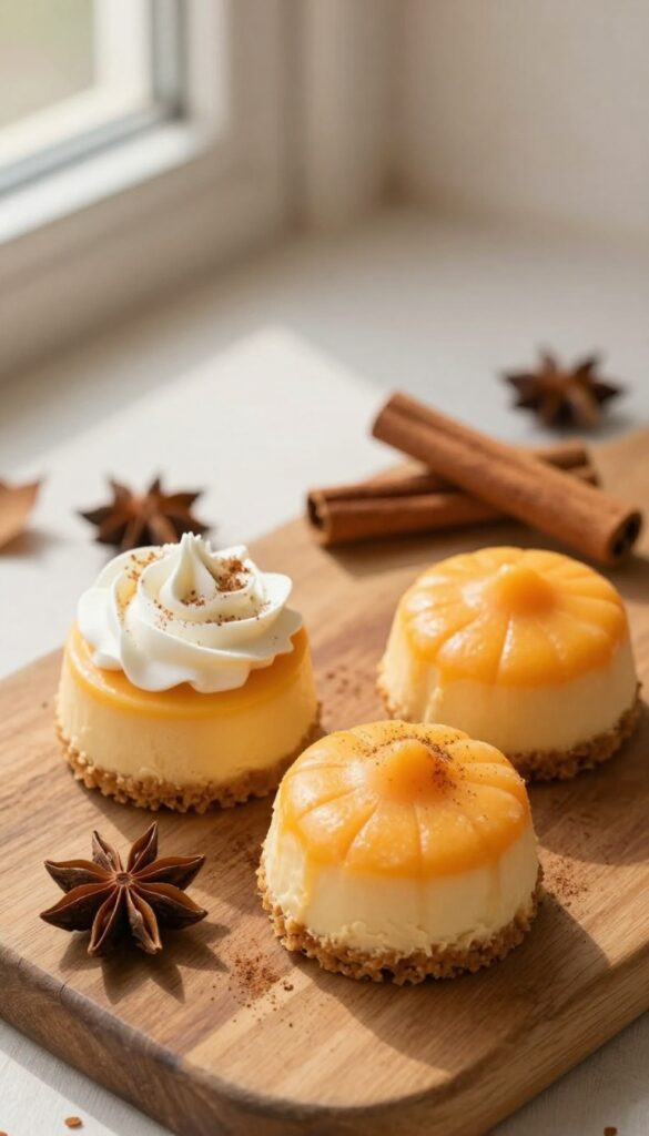 Pumpkin cheesecake bites with whipped cream and cinnamon on a wooden board