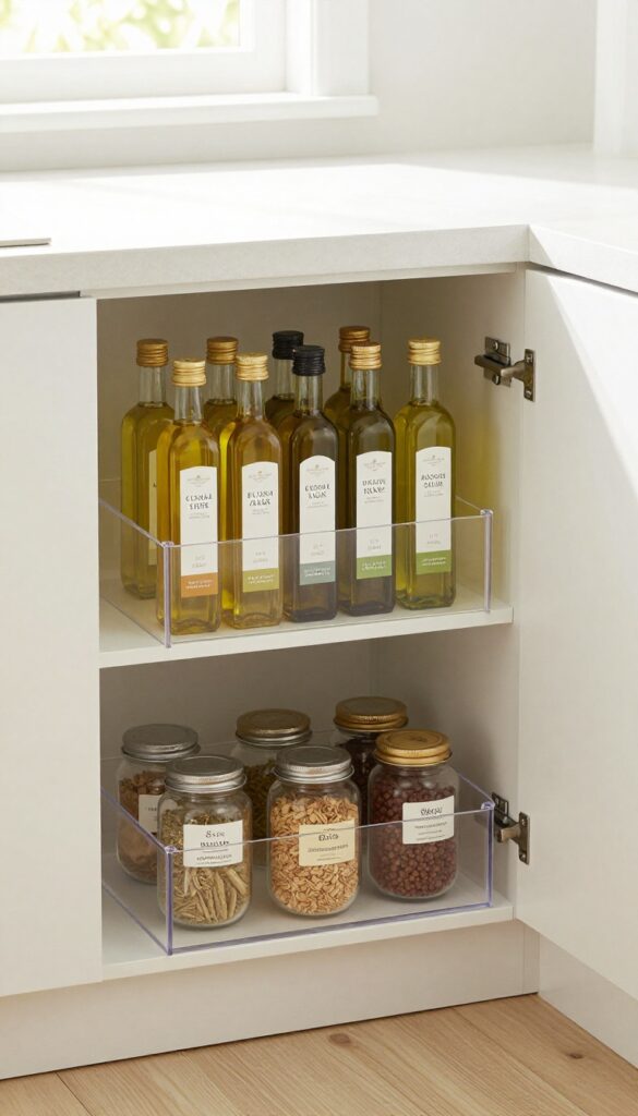 Deep corner cabinet with a two-tier clear acrylic lazy Susan organizing oils, vinegars, and spices.