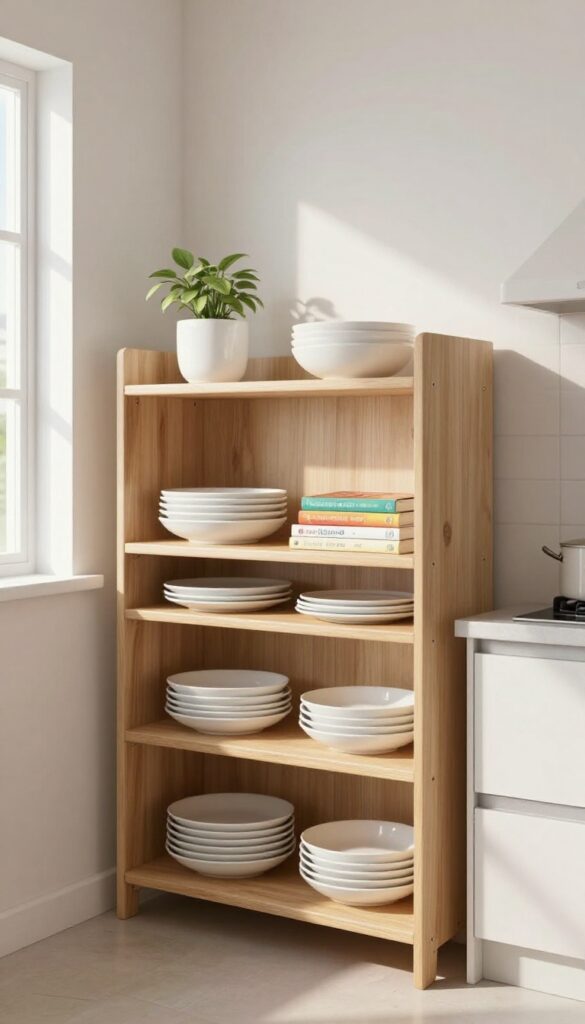 Bright kitchen corner with open shelving displaying dishes, plants, and cookbooks, natural light, clean composition.