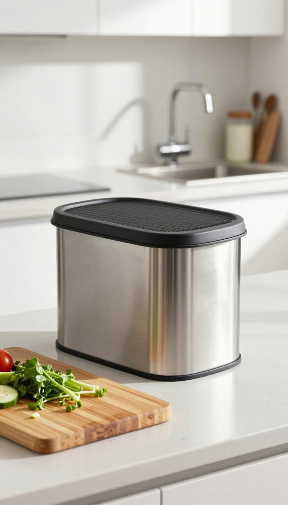 A sleek countertop compost bin next to a cutting board with vegetable scraps in a bright modern kitchen