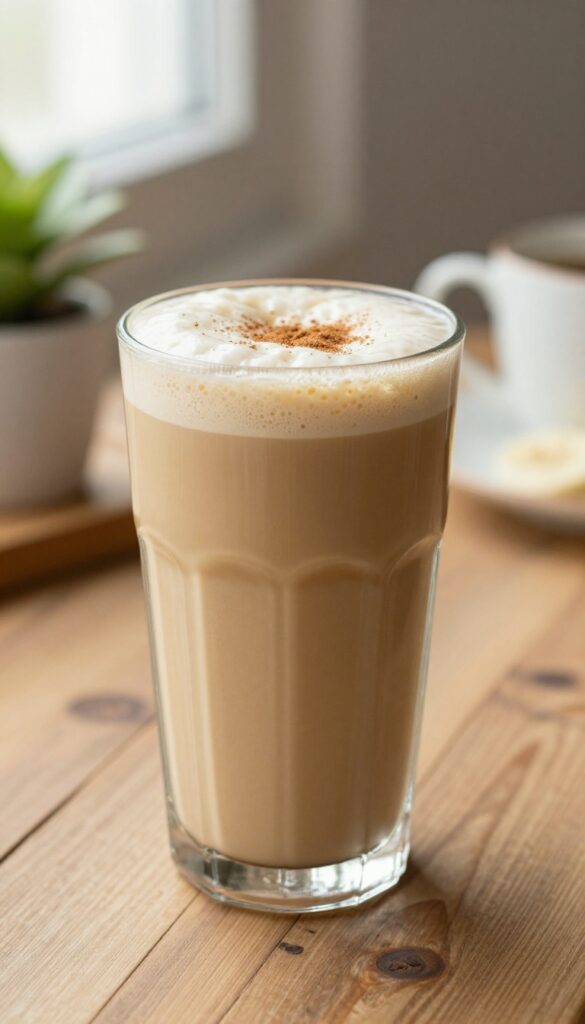 Creamy coffee banana smoothie in a glass on a wooden table with natural light