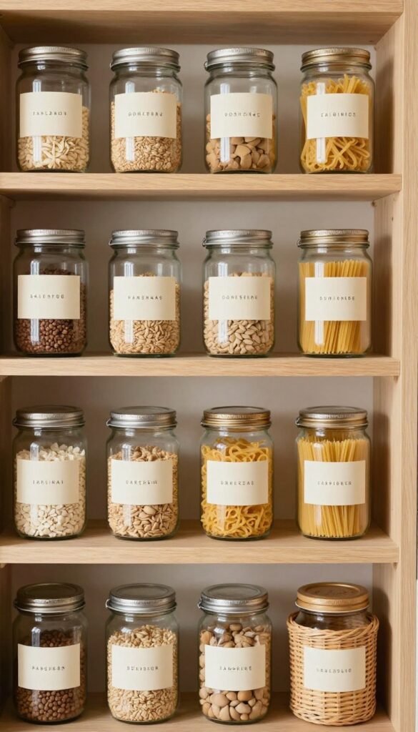 Organized pantry shelf with labeled glass jars and baskets in natural light, showing a consistent labeling system.