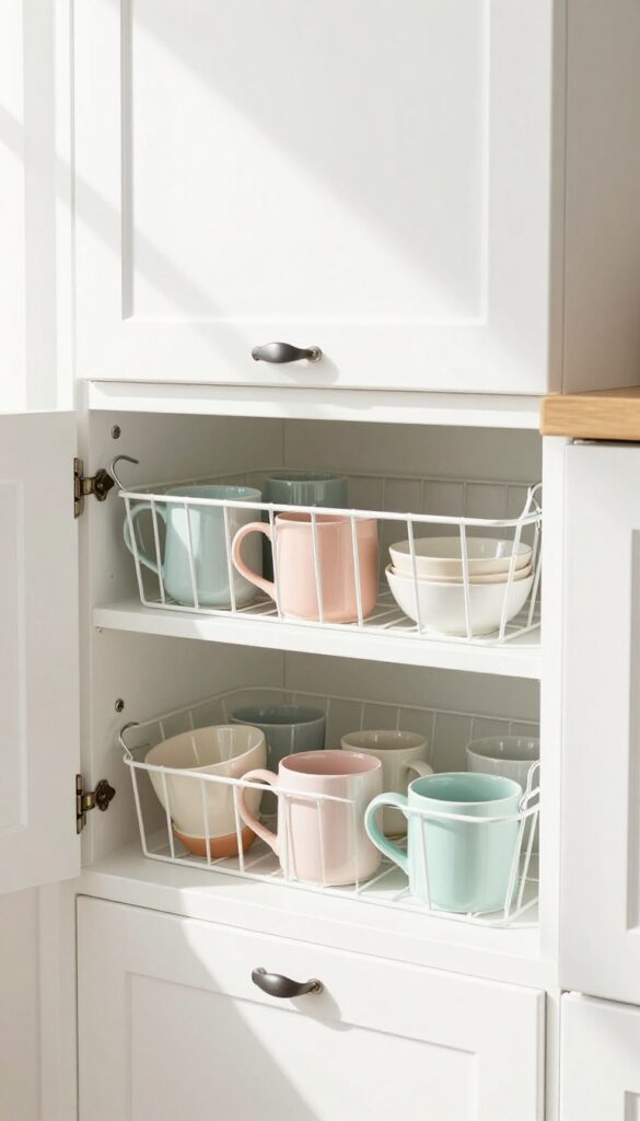 Under-shelf wire basket holding coffee mugs and small bowls in a bright kitchen, creating extra storage space.
