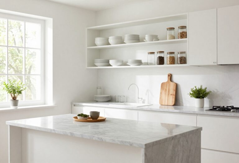 Bright kitchen with open shelving, white dishes, and organized countertop