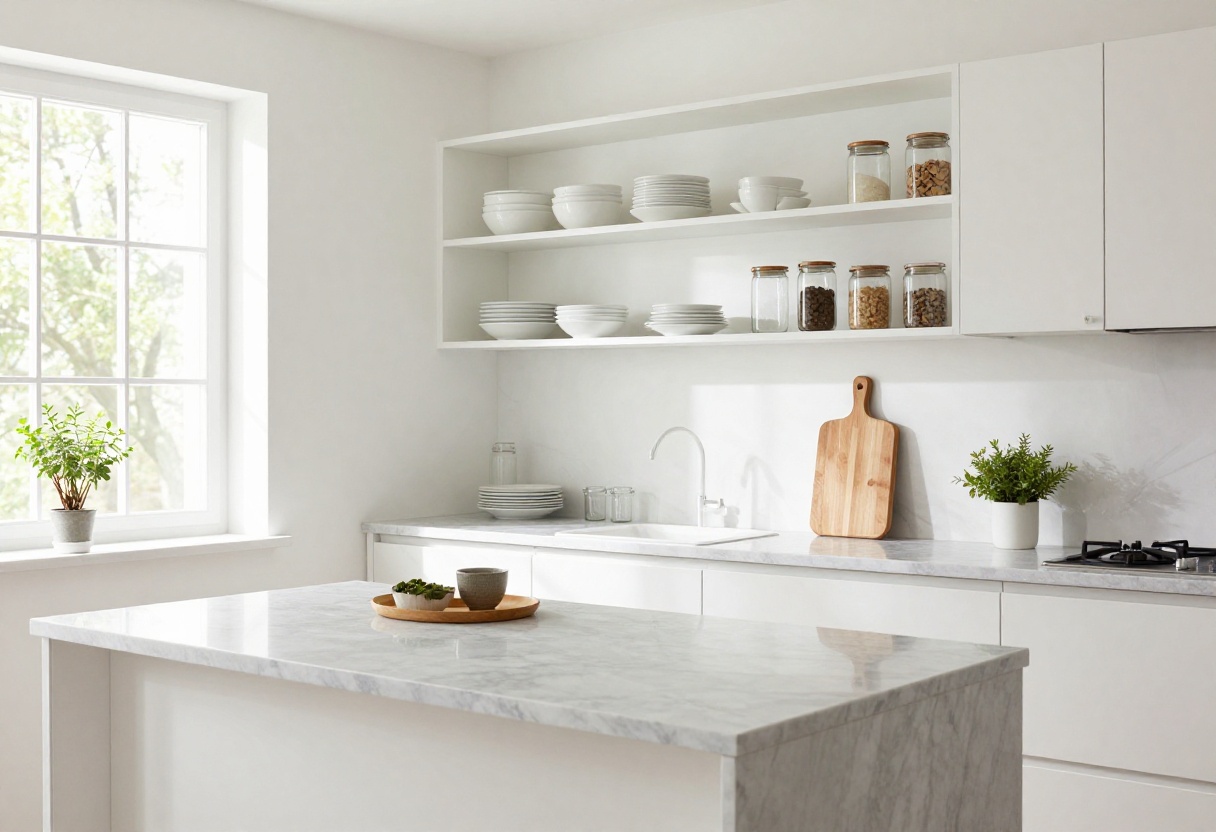 Bright kitchen with open shelving, white dishes, and organized countertop