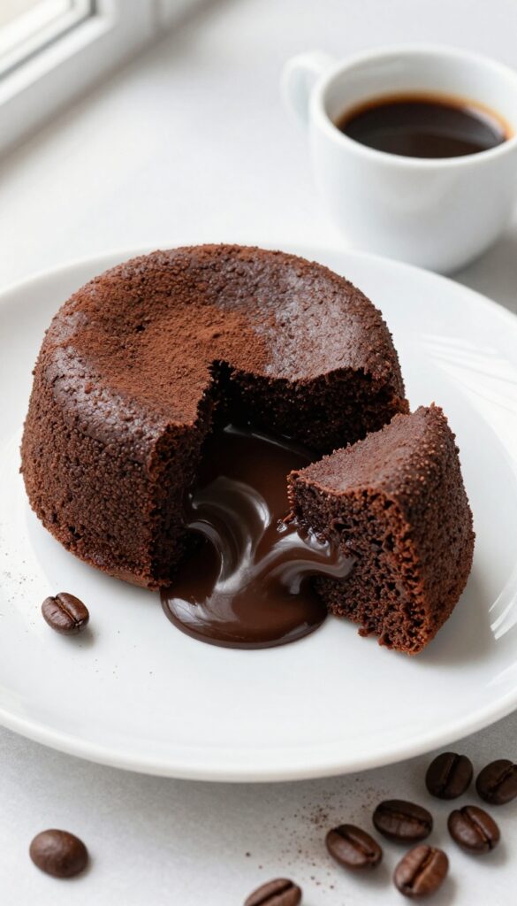 Mocha lava cake with espresso on a plate, cut open to show molten center, with coffee beans and cocoa powder.