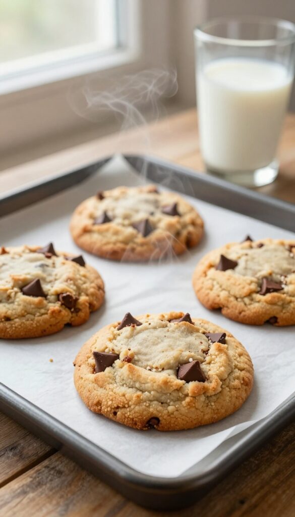 Two small batch gluten free chocolate chip cookies on a baking sheet, warm and gooey, with a glass of milk in the background.