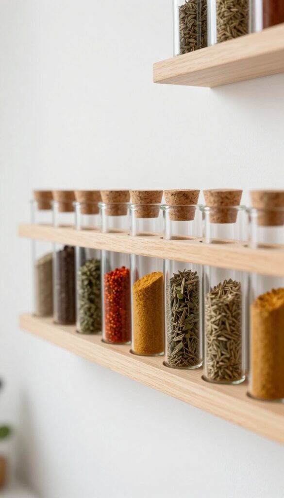 Wall-mounted test tube rack with transparent glass vials of spices on a white kitchen wall, minimalist design, natural light.