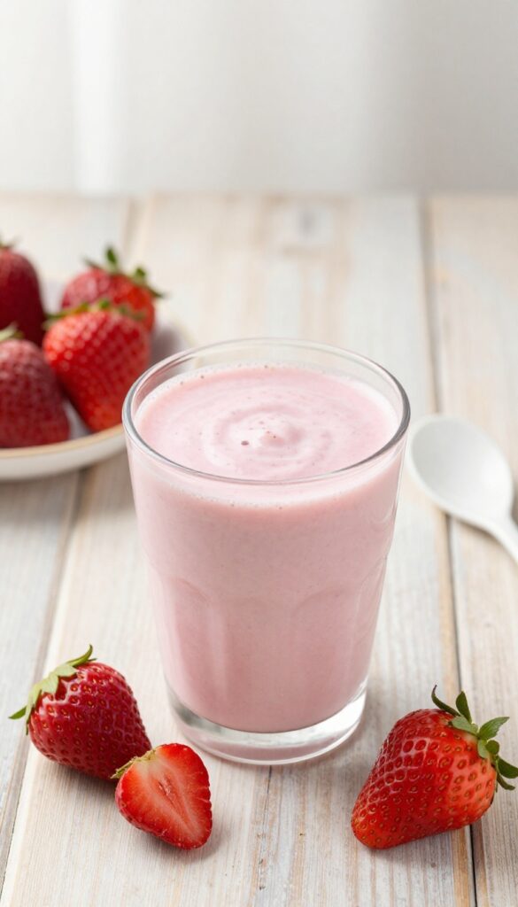 Creamy strawberry yogurt smoothie in a glass with fresh strawberries and mint on a wooden table.