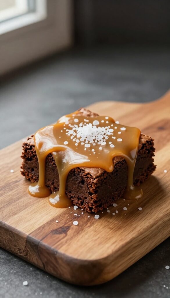 Gluten-free salted caramel brownie with caramel drizzle and sea salt on a wooden board