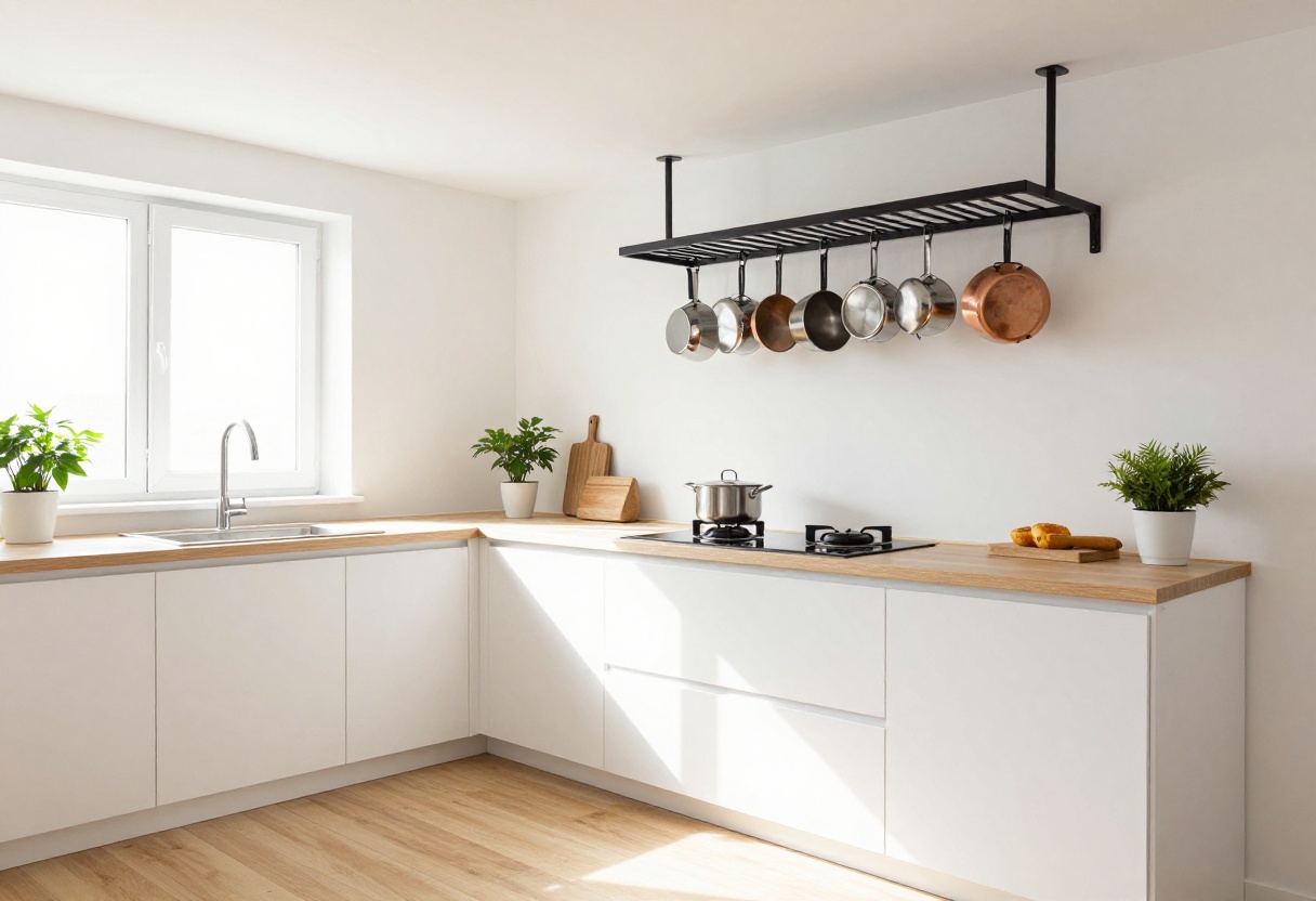 Bright small kitchen with ceiling-mounted pot rack holding pots and pans