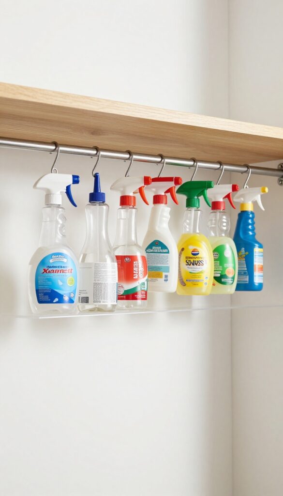 Spray bottles hanging from a tension rod under a pantry shelf
