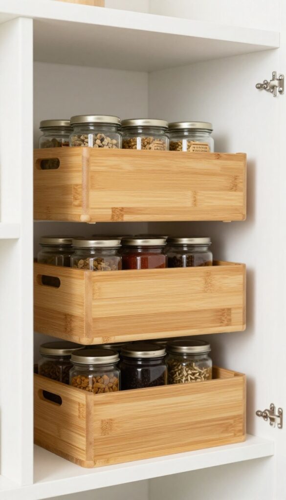 Stackable bamboo bins on a pantry shelf holding organized spice jars, with warm natural light.