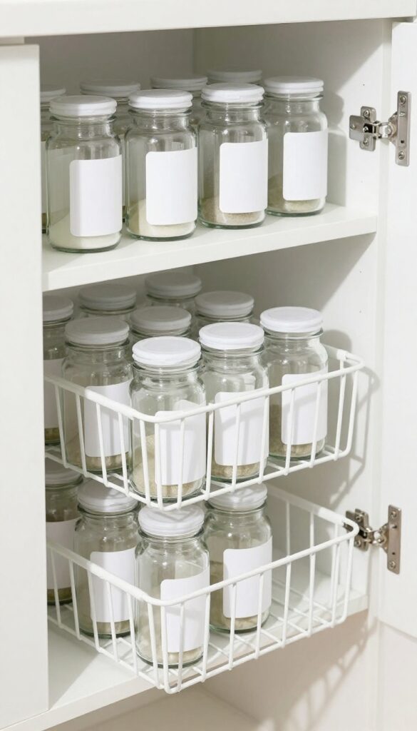 Pull-out wire baskets on a deep pantry shelf with spice jars neatly arranged, labels facing up, natural light.