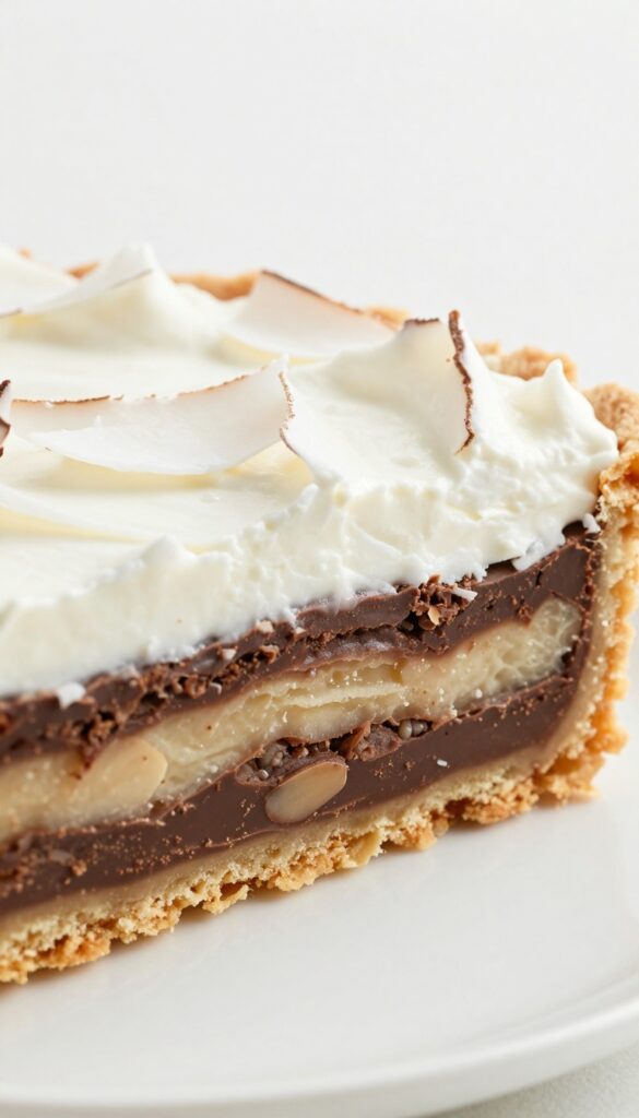 Slice of chocolate coconut cream pie on a white plate