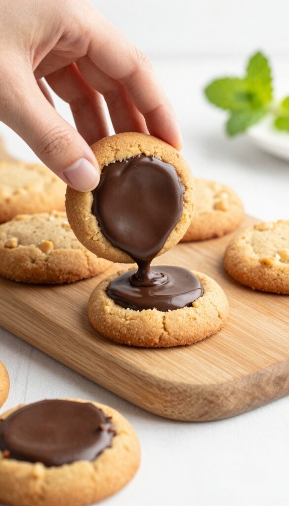 Peanut butter cookie being dipped in dark chocolate on a wooden board