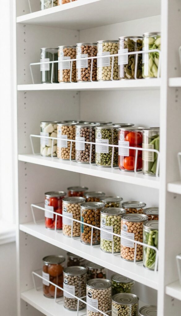 Tiered can racks on deep pantry shelves with canned goods neatly organized and labels visible.
