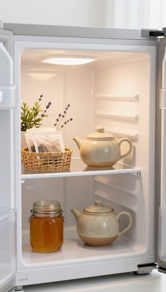 Cozy fridge tea station with ceramic pot, honey jar, and tea basket