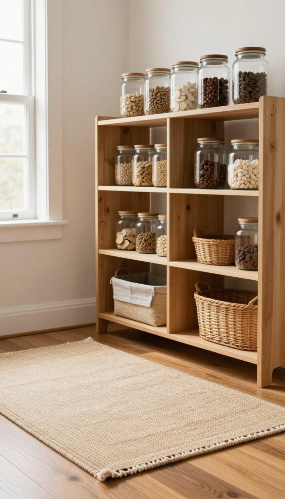 Cozy pantry with a small beige rug on hardwood floor in front of open shelving