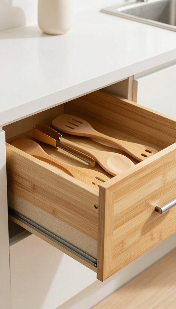 Kitchen drawer with bamboo dividers organizing utensils in warm natural light