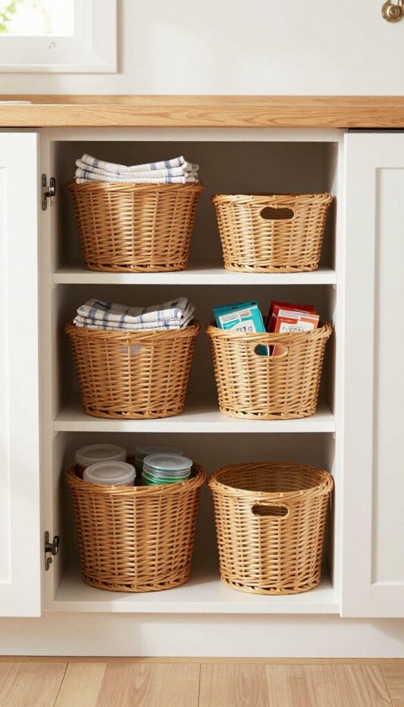 Open kitchen cabinet with three woven rattan baskets organizing loose items like tea towels and snacks, bright natural light, cozy interior design.