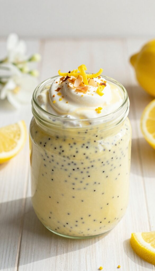 Lemon poppy seed chia pudding in a glass jar with whipped cream and lemon zest