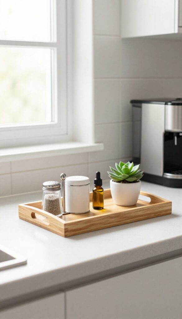 A wooden tray on a kitchen counter holding salt, pepper, coffee canister, oil, and a small plant, near a coffee maker.