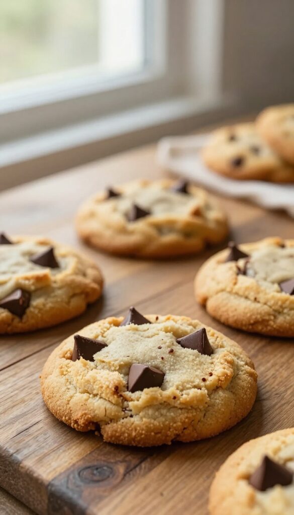 Freshly baked keto almond flour chocolate chip cookies on a wooden table