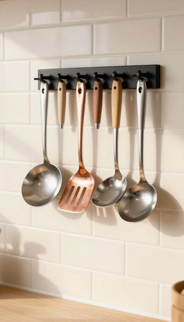 Wall-mounted magnetic strip with metal utensils in a bright kitchen