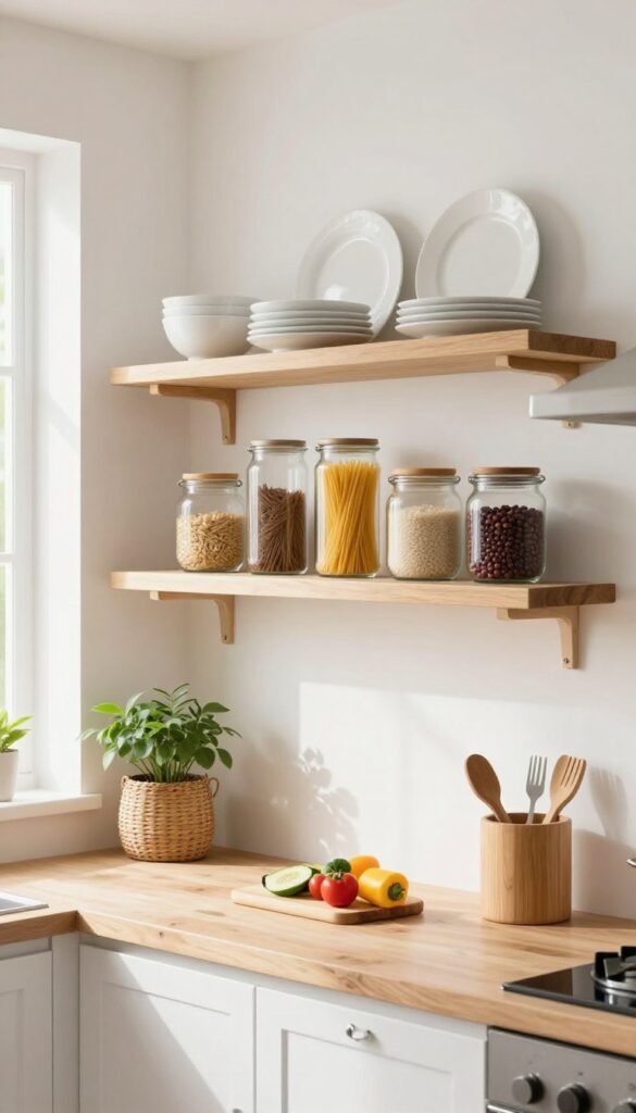 Open shelving in a warm, cozy kitchen with neatly arranged dishes and pantry jars, styled with plants and baskets.