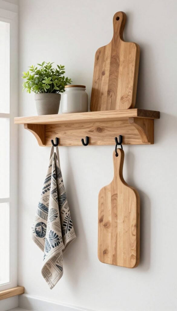 Floating shelf with hooks in a small kitchen, holding a plant, jar, and cutting board, with towels and apron hanging below.