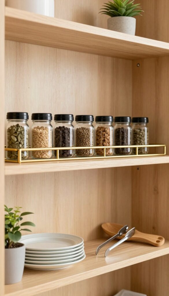 Small pantry with brass rail holding spice jars and utensils, shelf with plant and plates, bright natural light