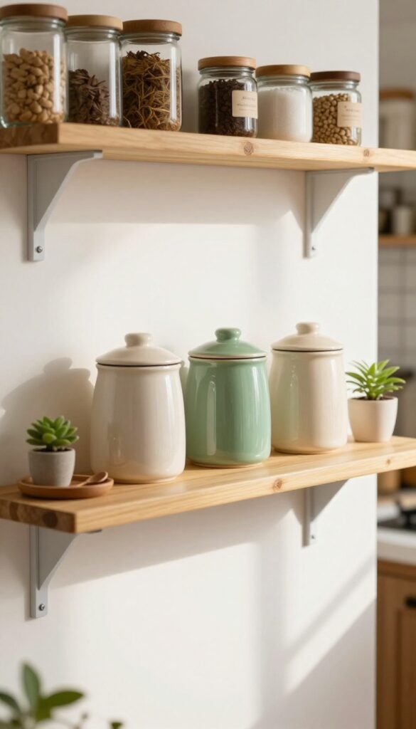 A narrow bamboo shelf in a pantry holding ceramic canisters for tea and coffee, with a small tray and plant, warm natural light.