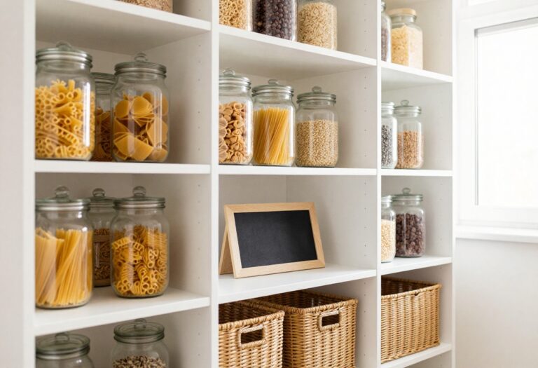 A well-organized walk-in pantry with clear containers, baskets, and labels on white shelves.