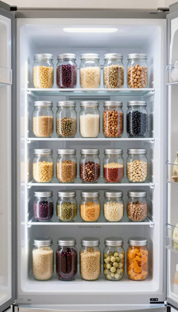 Rows of identical mason jars filled with grains, nuts, and leftovers neatly arranged on a refrigerator shelf, creating a uniform and organized look.